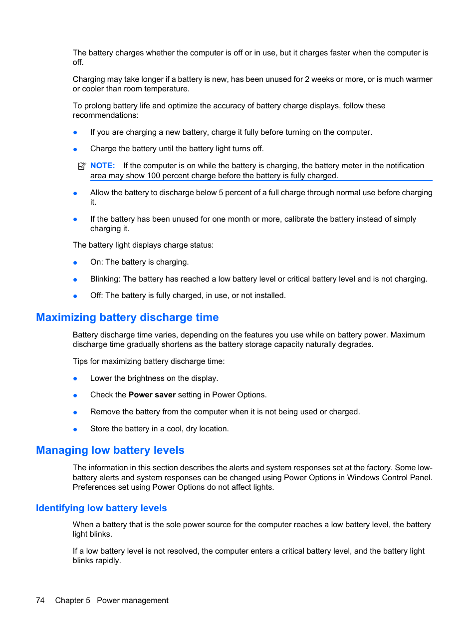 Maximizing battery discharge time, Managing low battery levels, Identifying low battery levels | HP EliteBook 8540w Mobile Workstation User Manual | Page 86 / 187