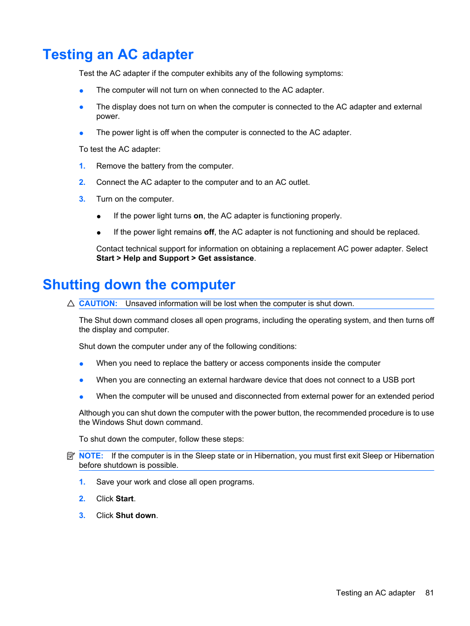 Testing an ac adapter, Shutting down the computer, Testing an ac adapter shutting down the computer | HP EliteBook 8540w Mobile Workstation User Manual | Page 93 / 187