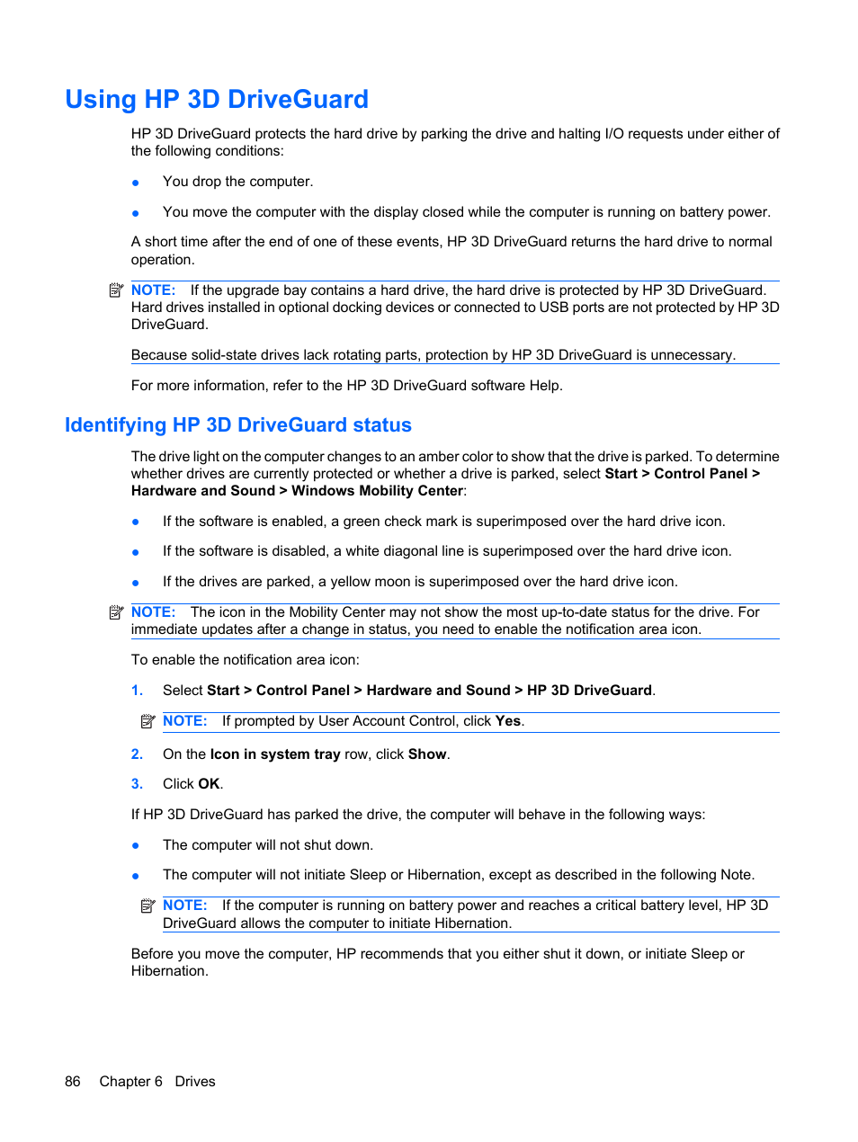 Using hp 3d driveguard, Identifying hp 3d driveguard status | HP EliteBook 8540w Mobile Workstation User Manual | Page 98 / 187