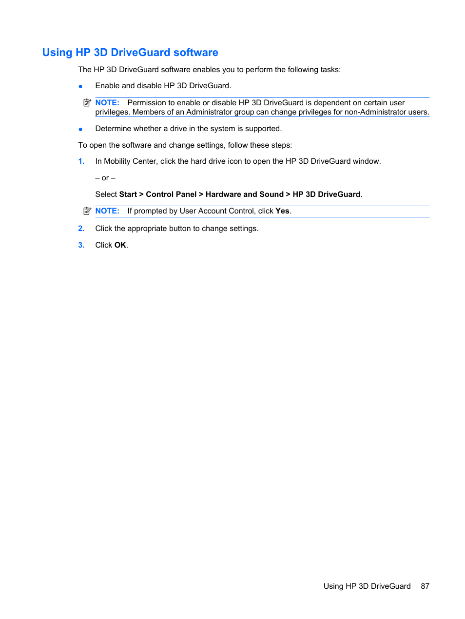 Using hp 3d driveguard software | HP EliteBook 8540w Mobile Workstation User Manual | Page 99 / 187