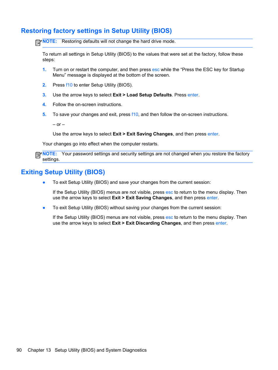 Restoring factory settings in setup utility (bios), Exiting setup utility (bios) | HP Pavilion dm4-3013cl Entertainment Notebook PC User Manual | Page 100 / 121