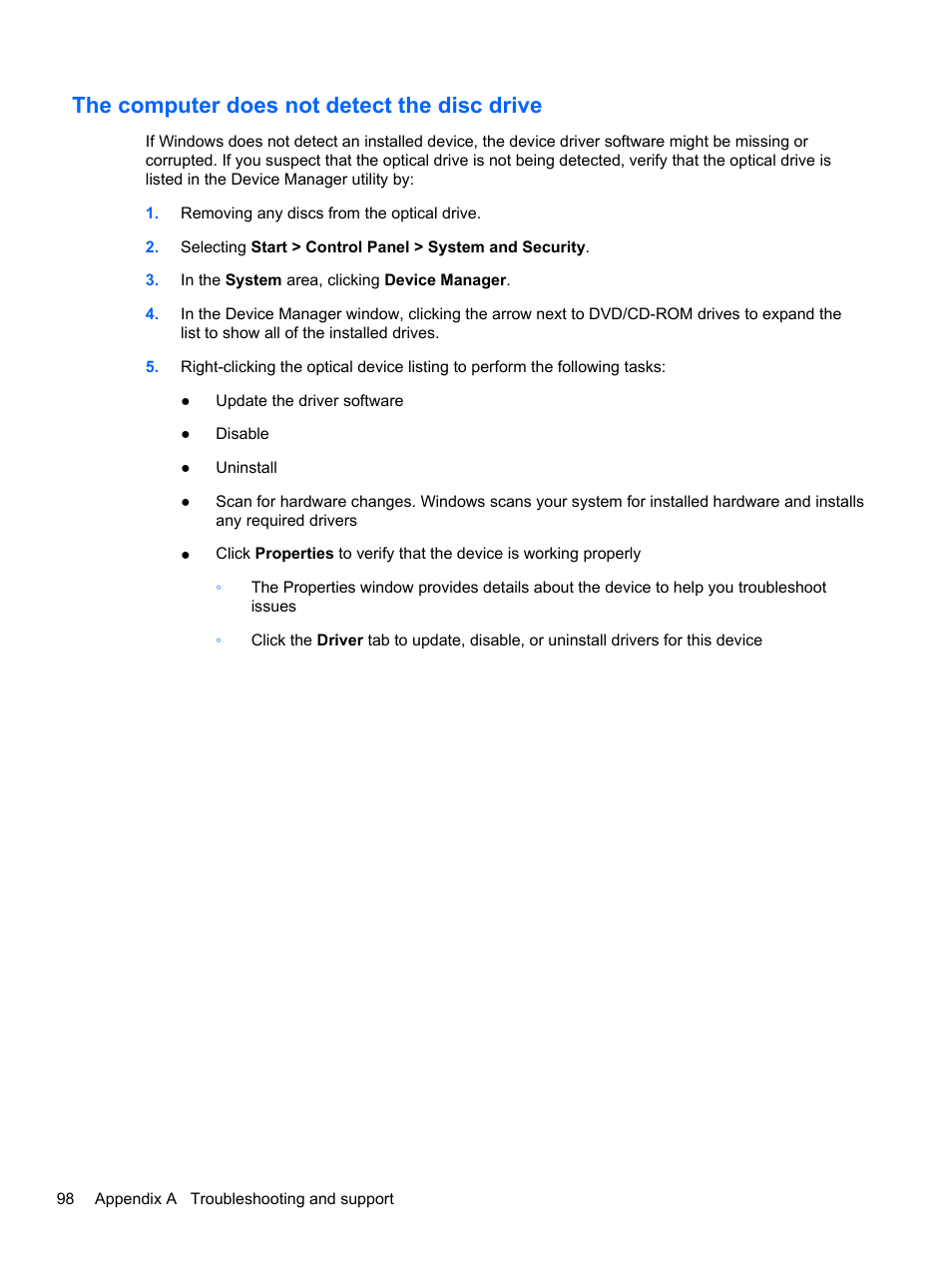 The computer does not detect the disc drive | HP Pavilion dm4-3013cl Entertainment Notebook PC User Manual | Page 108 / 121