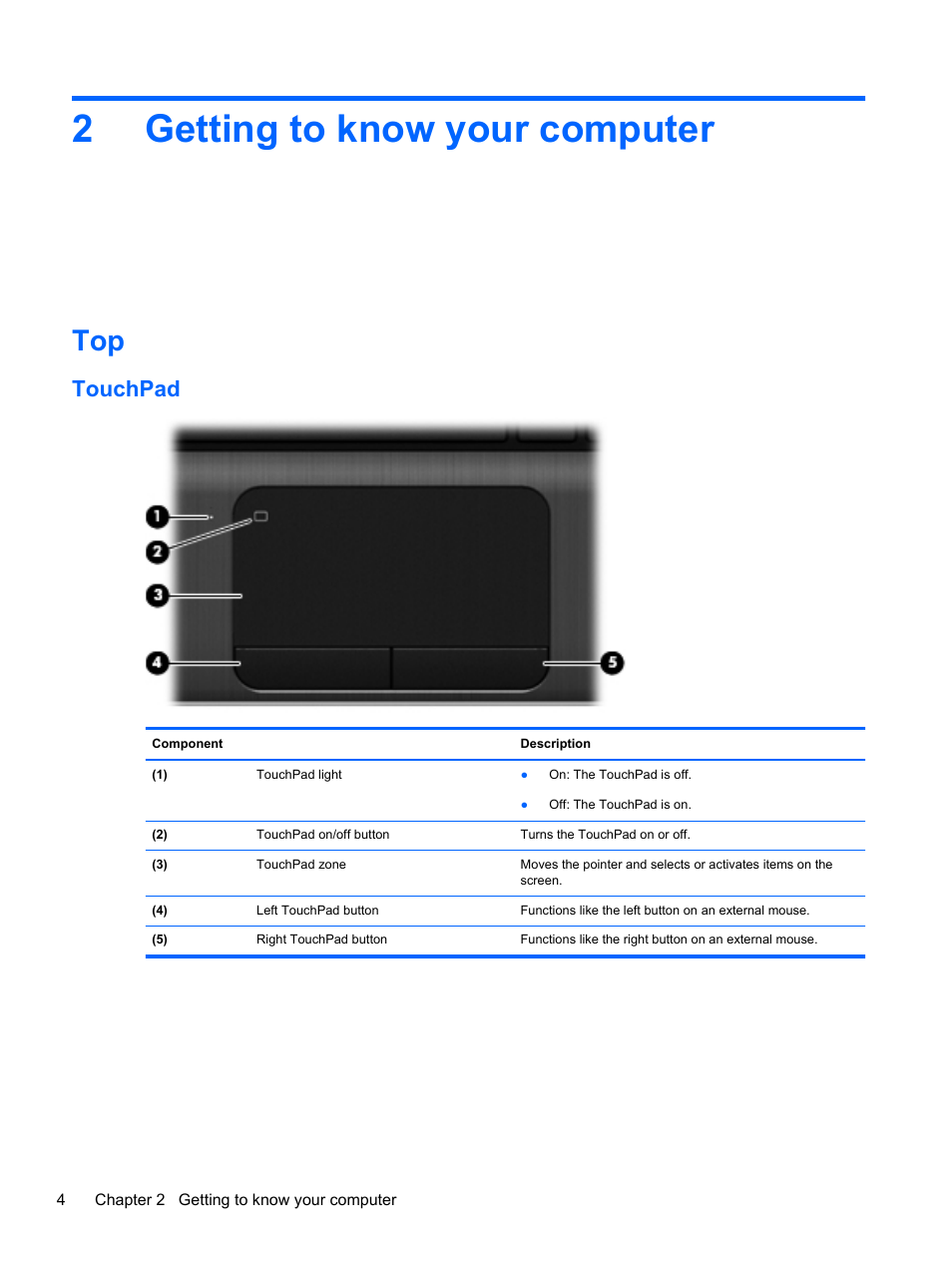 Getting to know your computer, Touchpad, 2 getting to know your computer | 2getting to know your computer | HP Pavilion dm4-3013cl Entertainment Notebook PC User Manual | Page 14 / 121