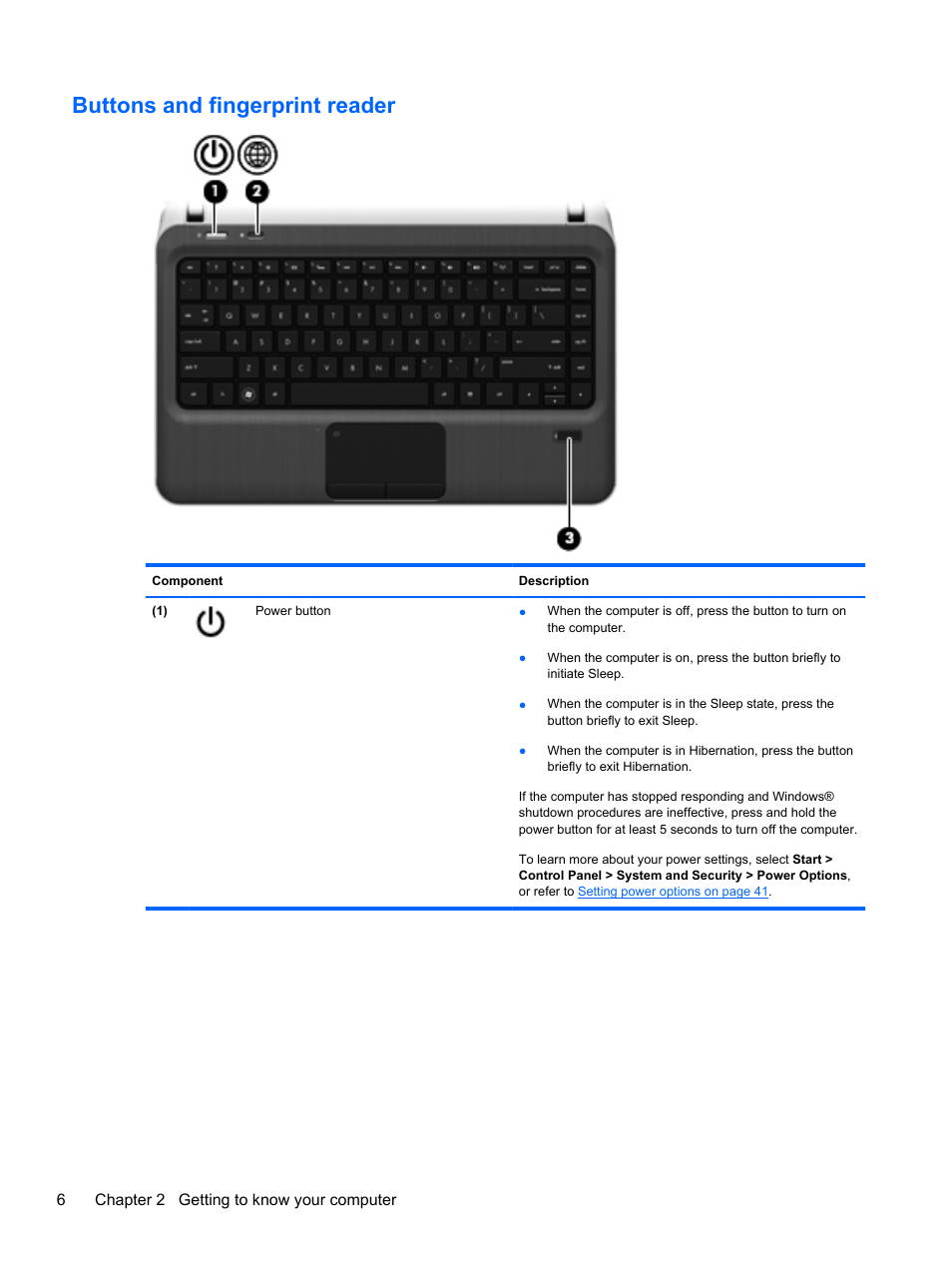 Buttons and fingerprint reader | HP Pavilion dm4-3013cl Entertainment Notebook PC User Manual | Page 16 / 121