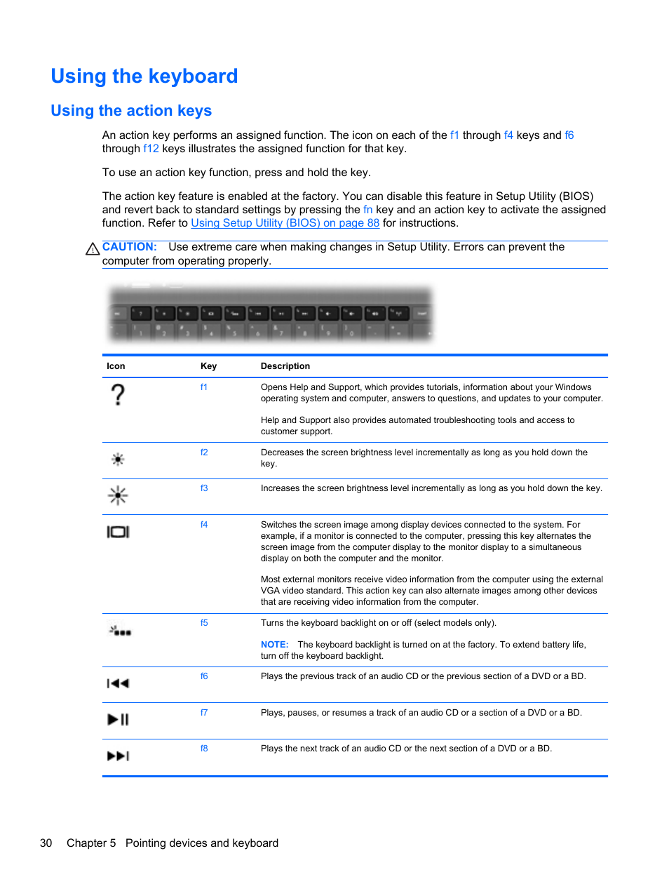 Using the keyboard, Using the action keys | HP Pavilion dm4-3013cl Entertainment Notebook PC User Manual | Page 40 / 121