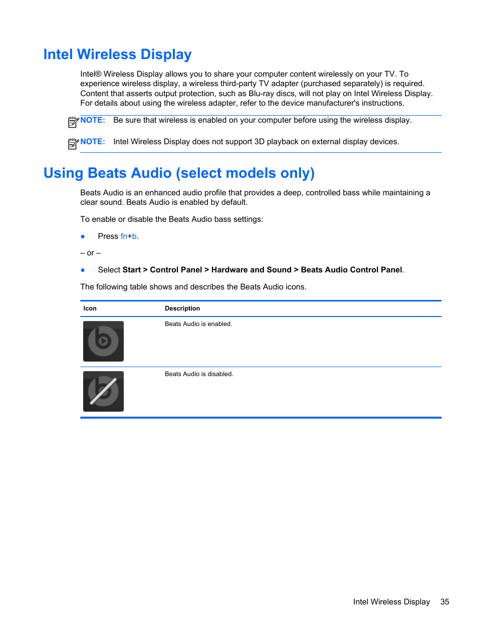 Intel wireless display, Using beats audio (select models only) | HP Pavilion dm4-3013cl Entertainment Notebook PC User Manual | Page 45 / 121