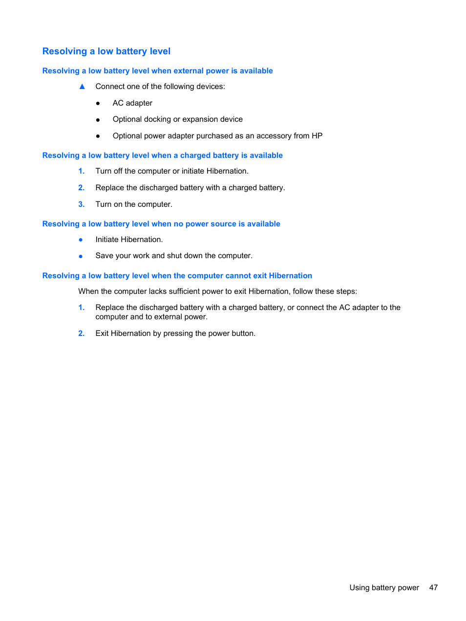 Resolving a low battery level | HP Pavilion dm4-3013cl Entertainment Notebook PC User Manual | Page 57 / 121