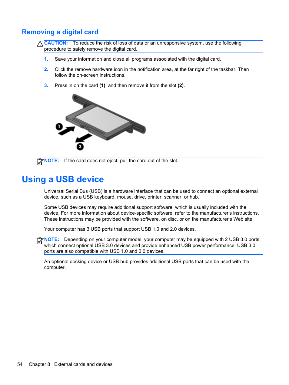 Removing a digital card, Using a usb device | HP Pavilion dm4-3013cl Entertainment Notebook PC User Manual | Page 64 / 121