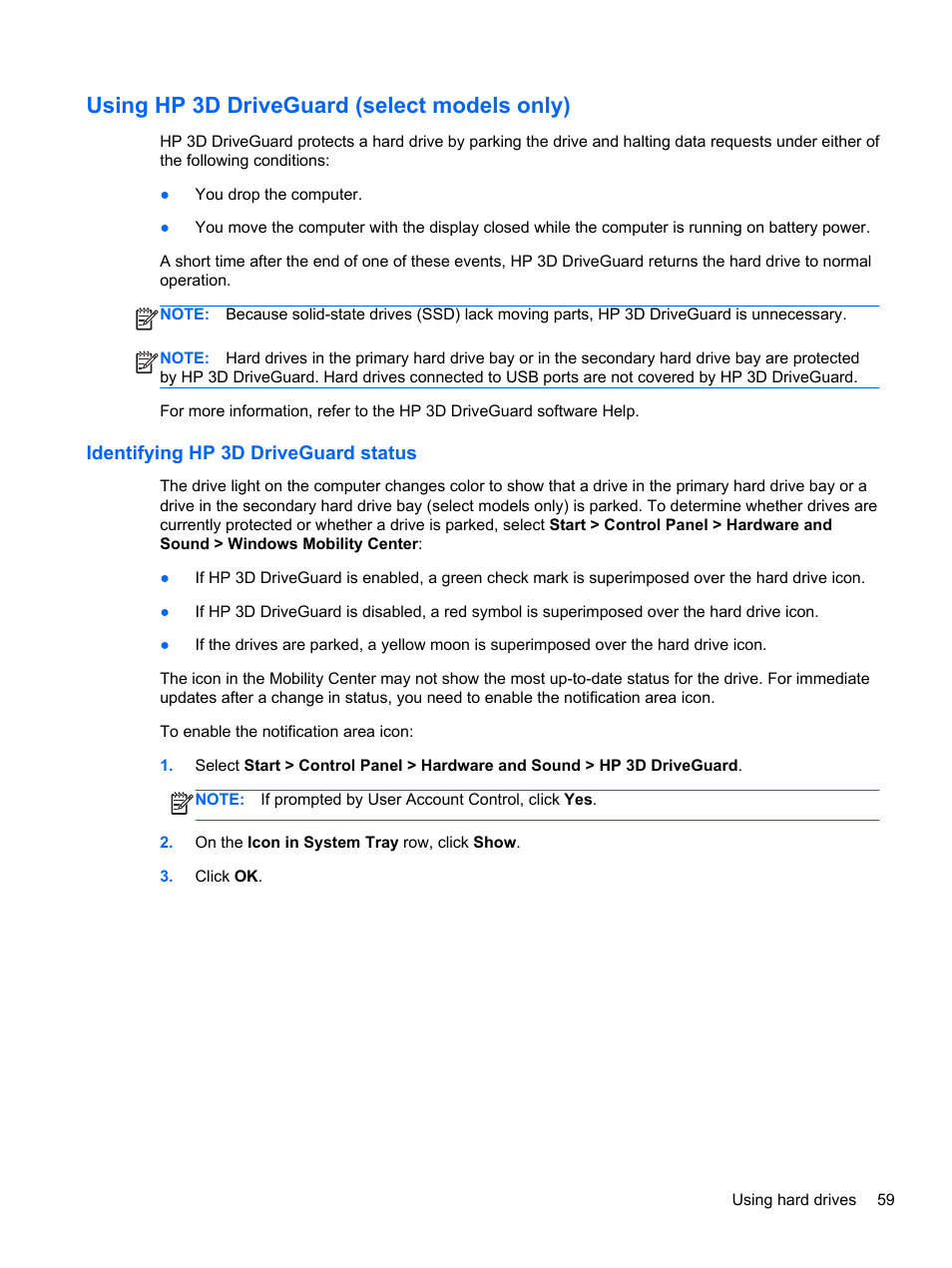 Using hp 3d driveguard (select models only), Identifying hp 3d driveguard status | HP Pavilion dm4-3013cl Entertainment Notebook PC User Manual | Page 69 / 121