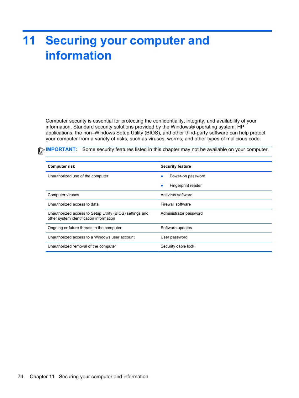 Securing your computer and information, 11 securing your computer and information, Ion, refer to | Securing your computer and | HP Pavilion dm4-3013cl Entertainment Notebook PC User Manual | Page 84 / 121