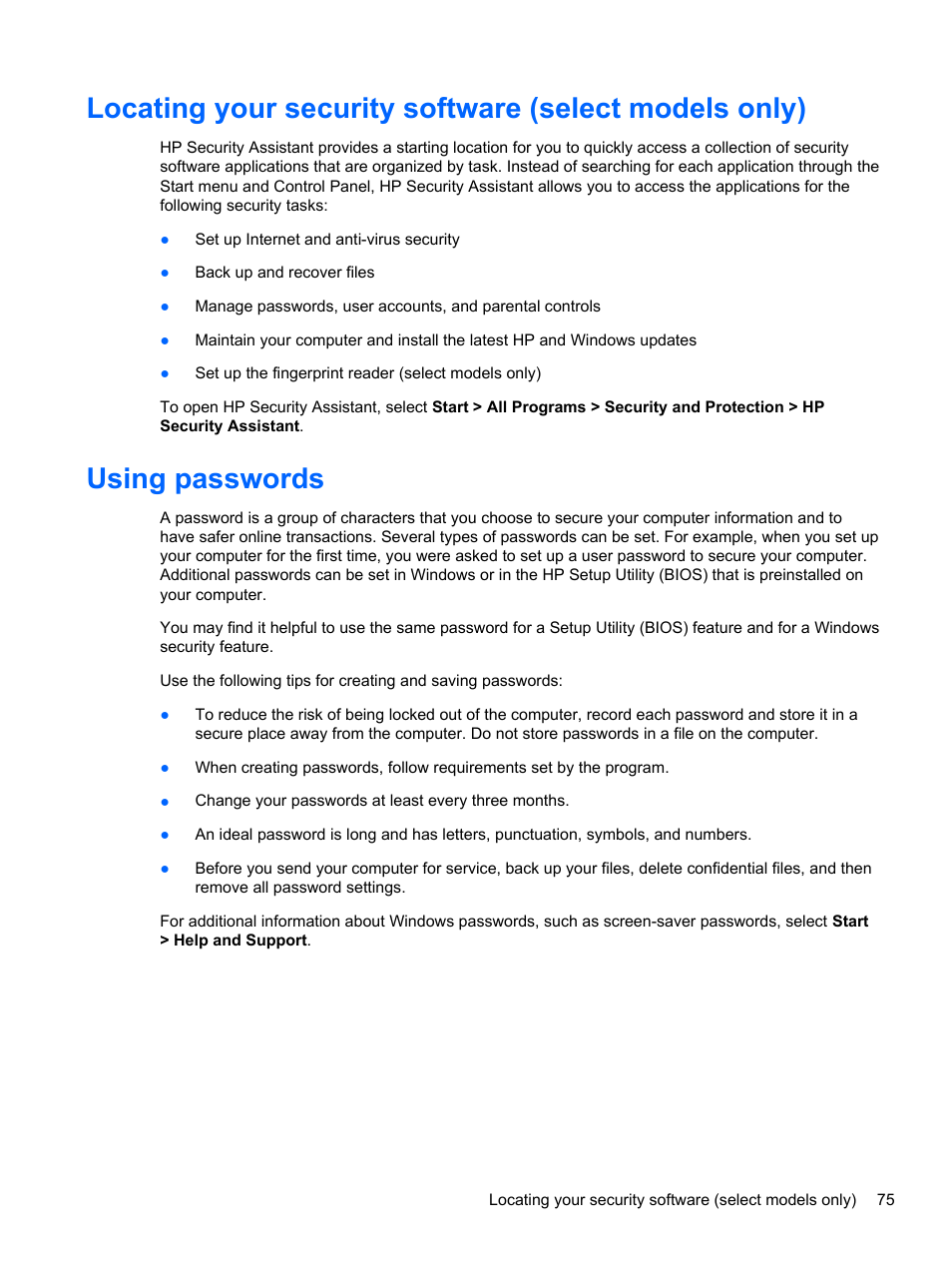 Using passwords | HP Pavilion dm4-3013cl Entertainment Notebook PC User Manual | Page 85 / 121