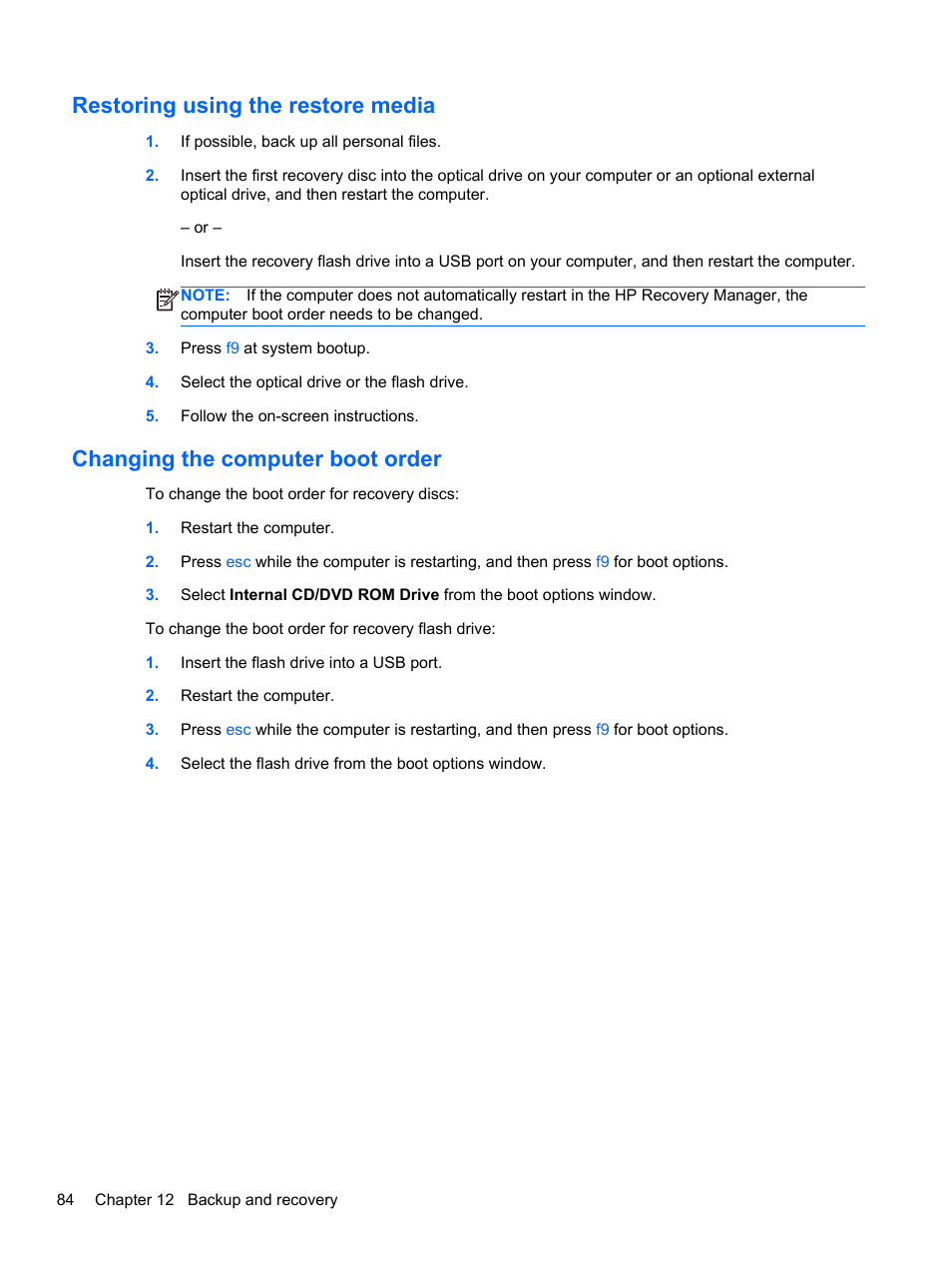 Restoring using the restore media, Changing the computer boot order | HP Pavilion dm4-3013cl Entertainment Notebook PC User Manual | Page 94 / 121