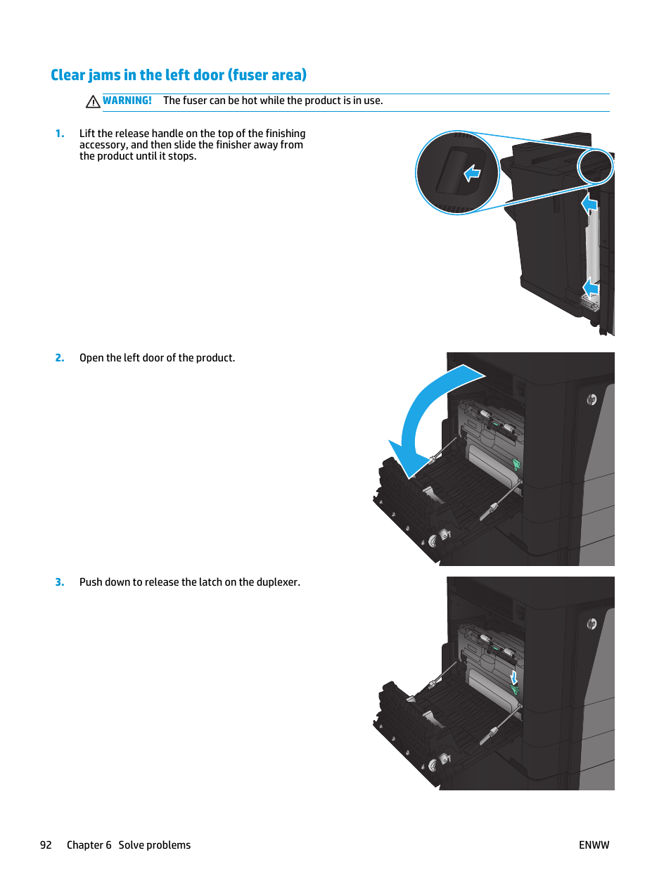 Clear jams in the left door (fuser area) | HP LaserJet Enterprise M806 Printer series User Manual | Page 100 / 146