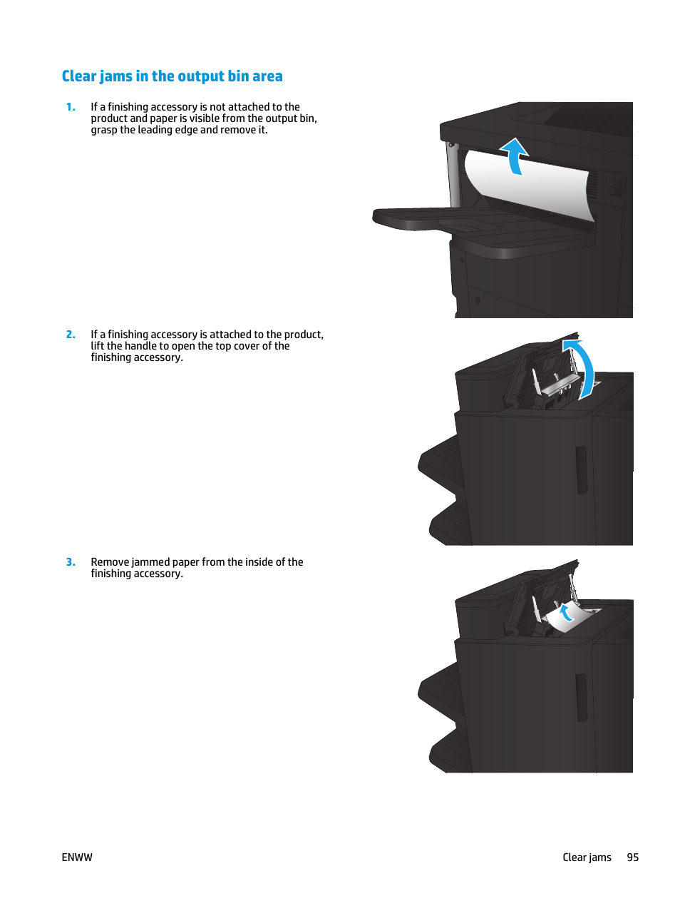 Clear jams in the output bin area | HP LaserJet Enterprise M806 Printer series User Manual | Page 103 / 146