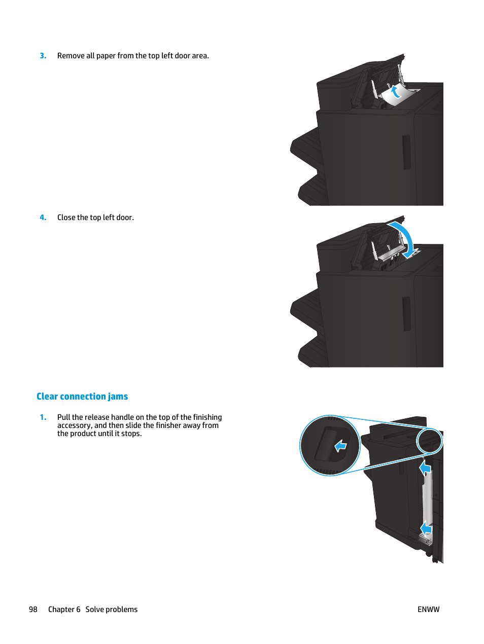 Clear connection jams | HP LaserJet Enterprise M806 Printer series User Manual | Page 106 / 146