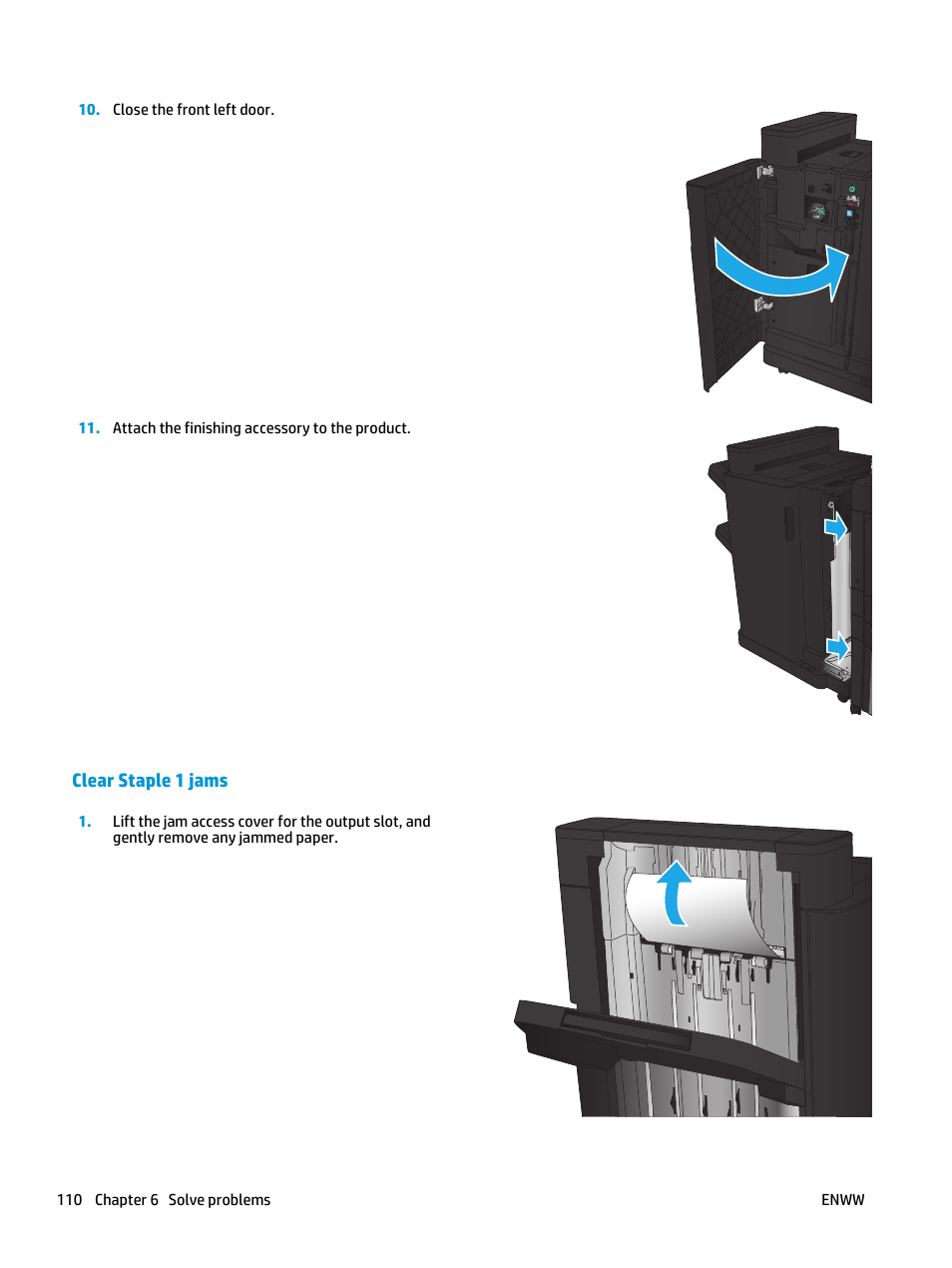 Clear staple 1 jams | HP LaserJet Enterprise M806 Printer series User Manual | Page 118 / 146