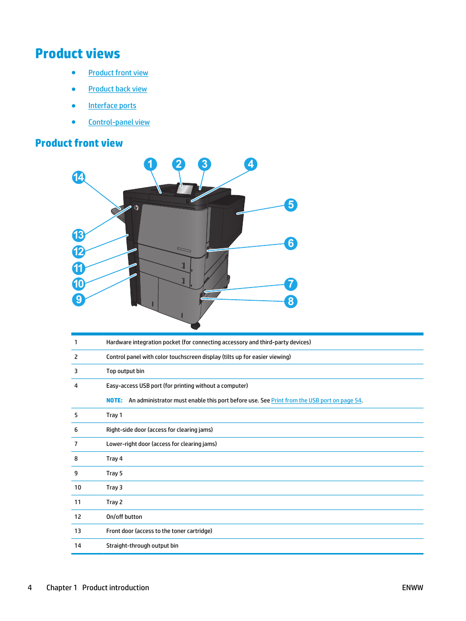 Product views, Product front view | HP LaserJet Enterprise M806 Printer series User Manual | Page 12 / 146