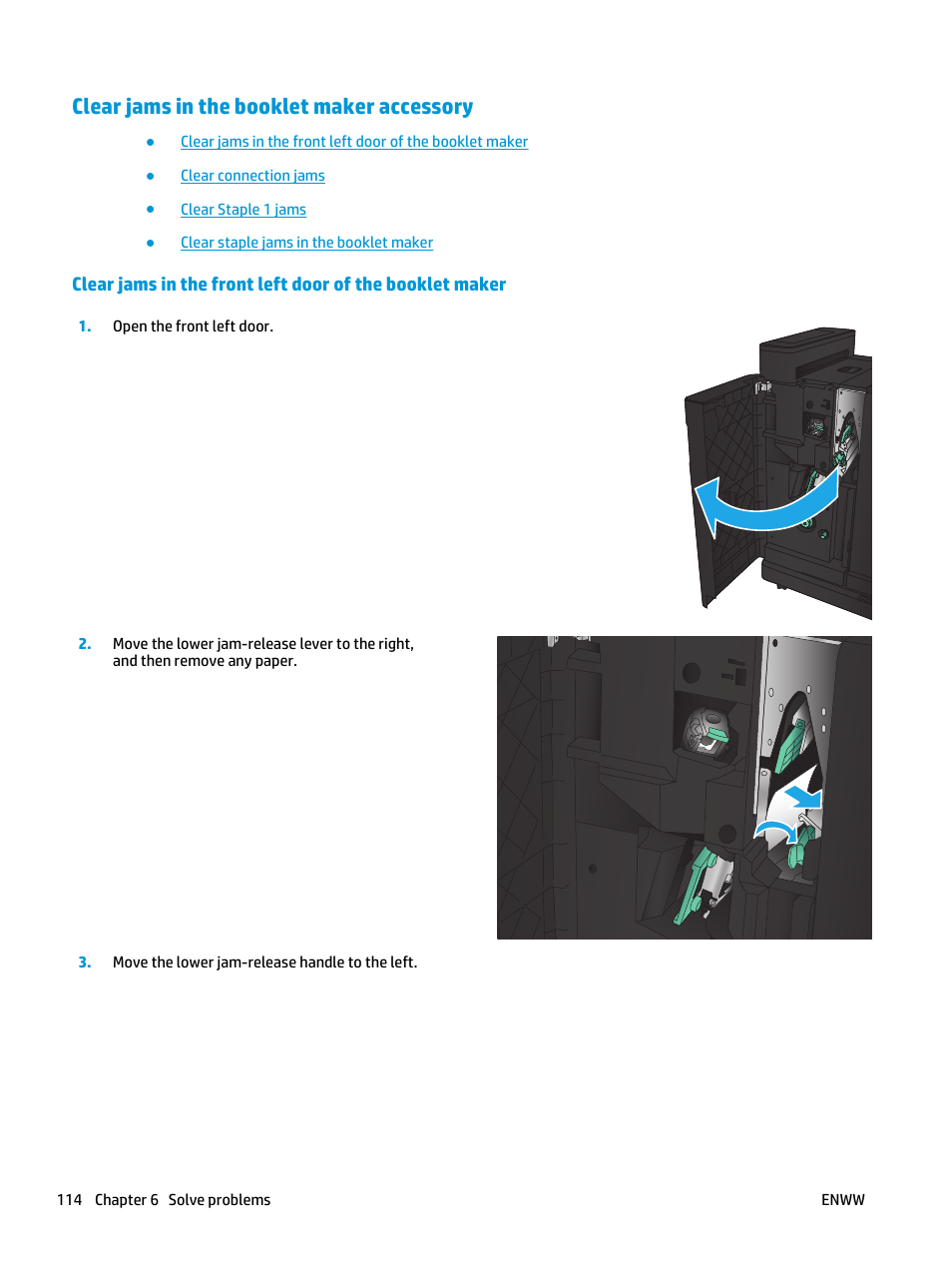 Clear jams in the booklet maker accessory | HP LaserJet Enterprise M806 Printer series User Manual | Page 122 / 146