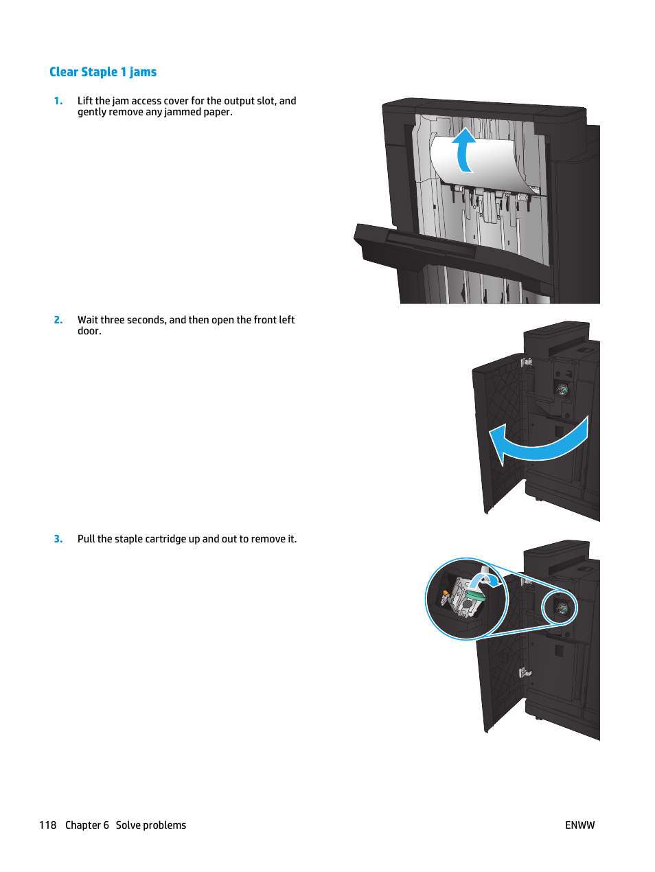 Clear staple 1 jams | HP LaserJet Enterprise M806 Printer series User Manual | Page 126 / 146