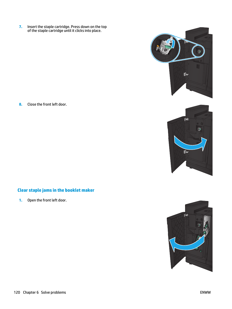 Clear staple jams in the booklet maker | HP LaserJet Enterprise M806 Printer series User Manual | Page 128 / 146