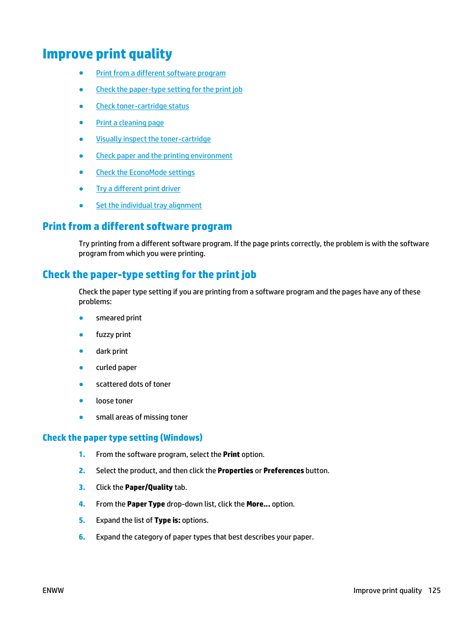 Improve print quality, Print from a different software program, Check the paper-type setting for the print job | Check the paper type setting (windows) | HP LaserJet Enterprise M806 Printer series User Manual | Page 133 / 146