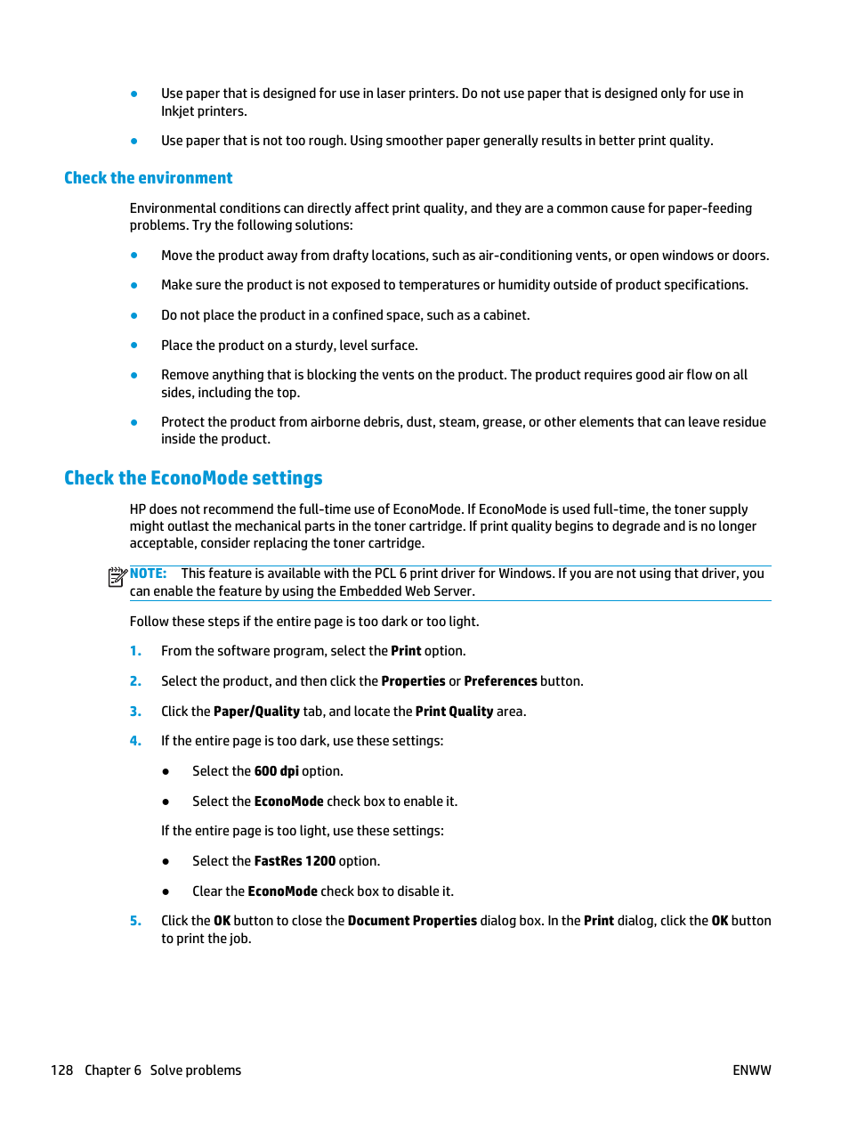 Check the environment, Check the economode settings | HP LaserJet Enterprise M806 Printer series User Manual | Page 136 / 146