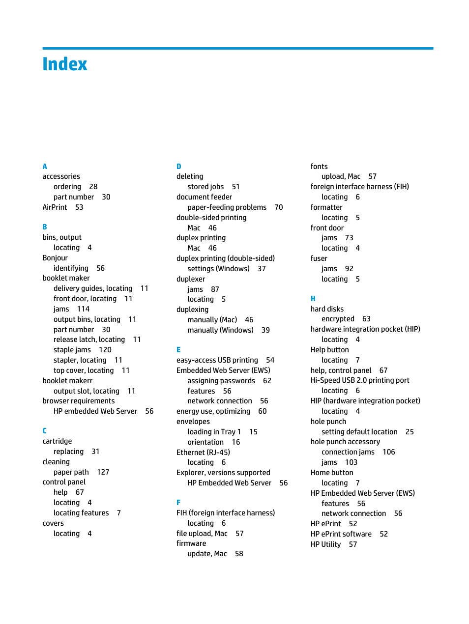 Index | HP LaserJet Enterprise M806 Printer series User Manual | Page 141 / 146