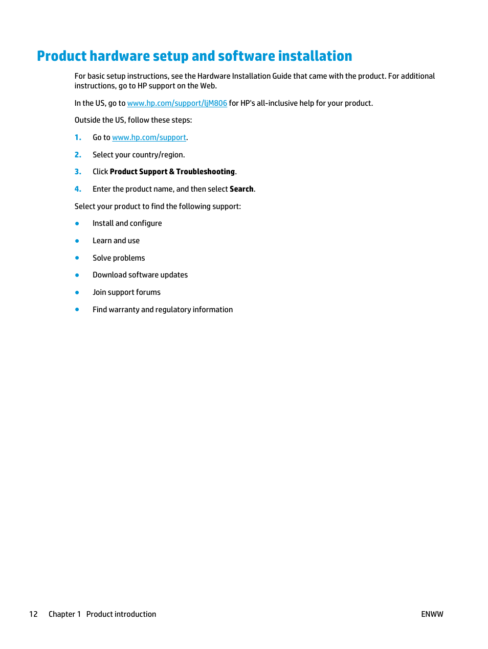 Product hardware setup and software installation | HP LaserJet Enterprise M806 Printer series User Manual | Page 20 / 146