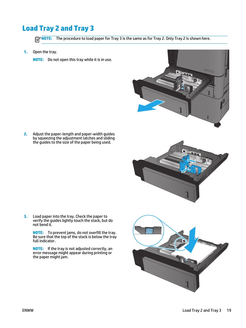 Load tray 2 and tray 3 | HP LaserJet Enterprise M806 Printer series User Manual | Page 27 / 146