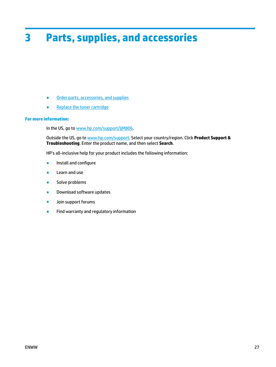 Parts, supplies, and accessories, 3 parts, supplies, and accessories, 3parts, supplies, and accessories | HP LaserJet Enterprise M806 Printer series User Manual | Page 35 / 146