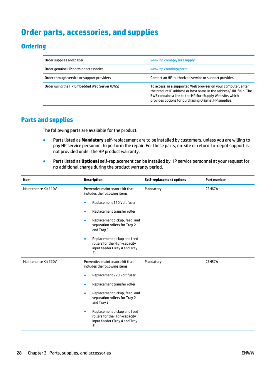 Order parts, accessories, and supplies, Ordering, Parts and supplies | Ordering parts and supplies | HP LaserJet Enterprise M806 Printer series User Manual | Page 36 / 146