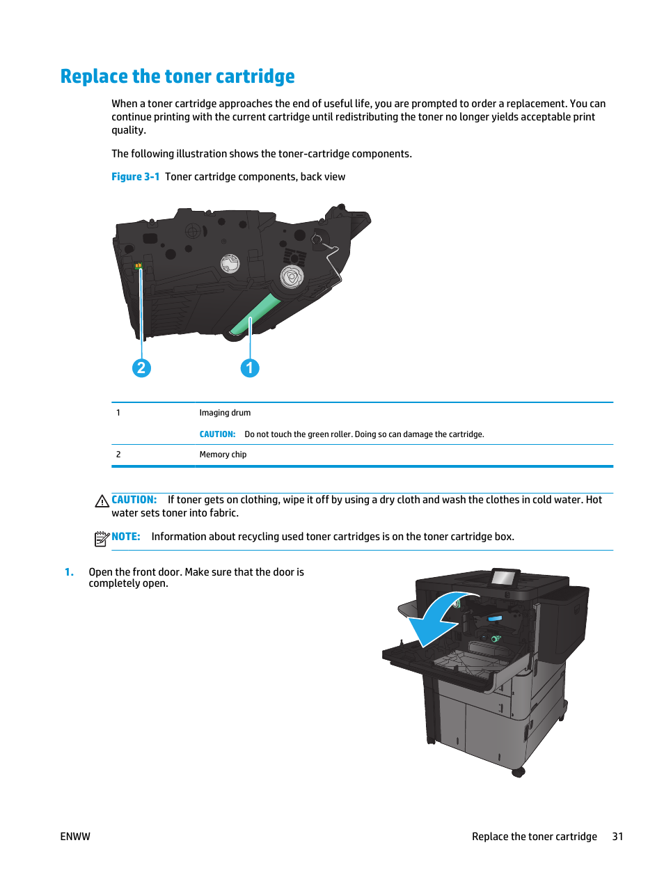 Replace the toner cartridge | HP LaserJet Enterprise M806 Printer series User Manual | Page 39 / 146