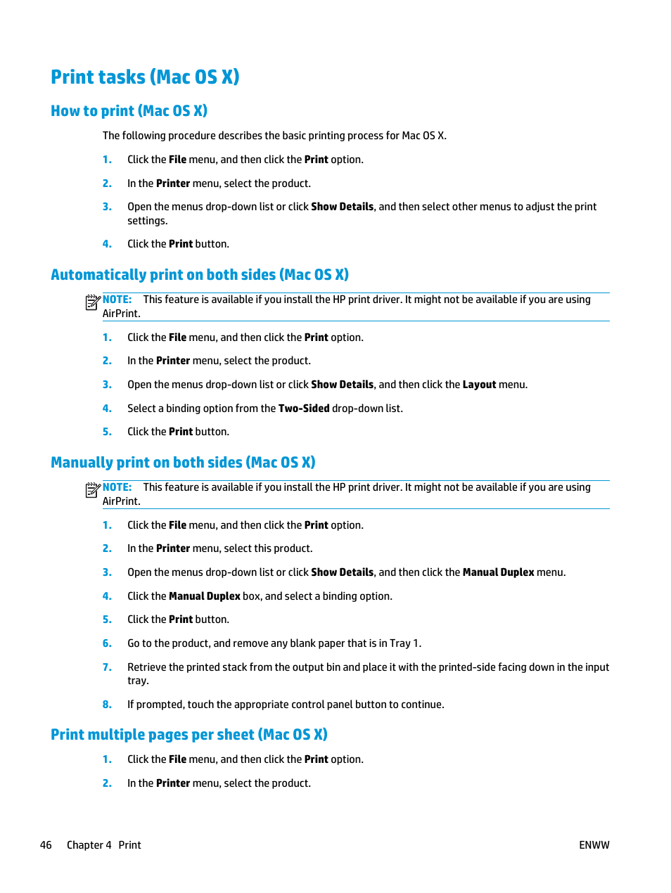 Print tasks (mac os x), How to print (mac os x), Automatically print on both sides (mac os x) | Manually print on both sides (mac os x), Print multiple pages per sheet (mac os x) | HP LaserJet Enterprise M806 Printer series User Manual | Page 54 / 146