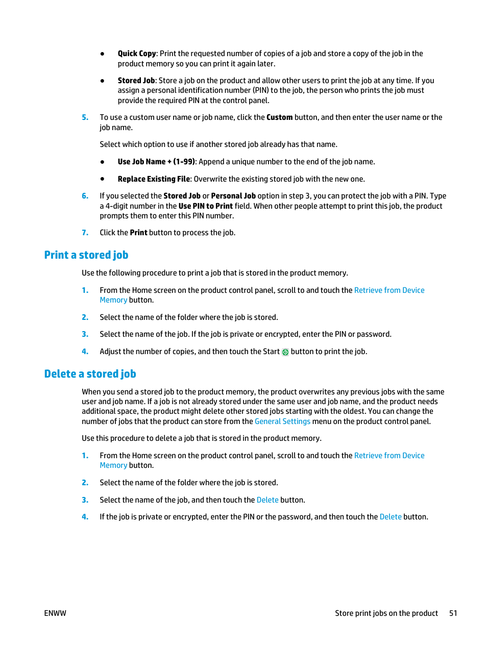 Print a stored job, Delete a stored job, Print a stored job delete a stored job | HP LaserJet Enterprise M806 Printer series User Manual | Page 59 / 146