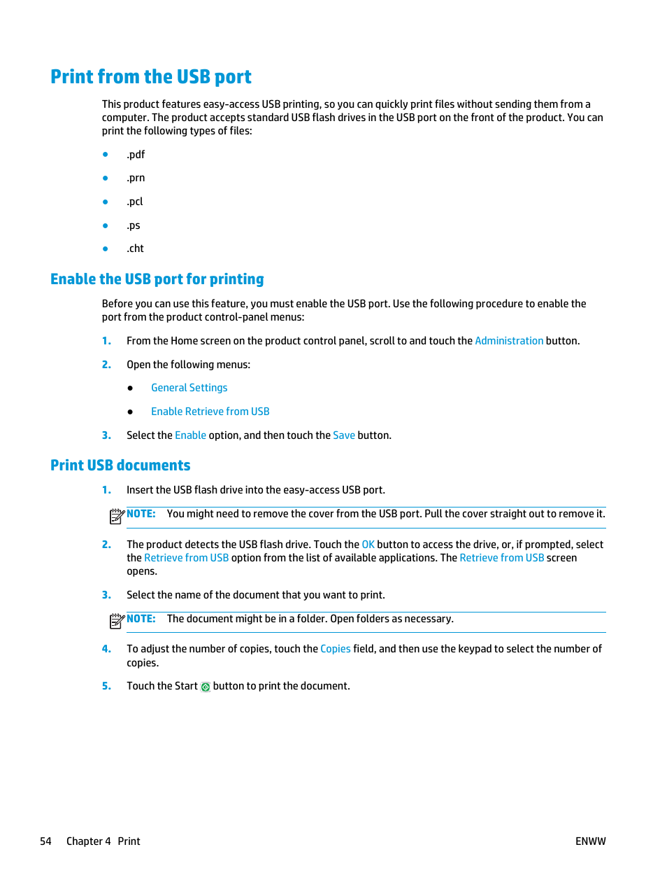 Print from the usb port, Enable the usb port for printing, Print usb documents | HP LaserJet Enterprise M806 Printer series User Manual | Page 62 / 146