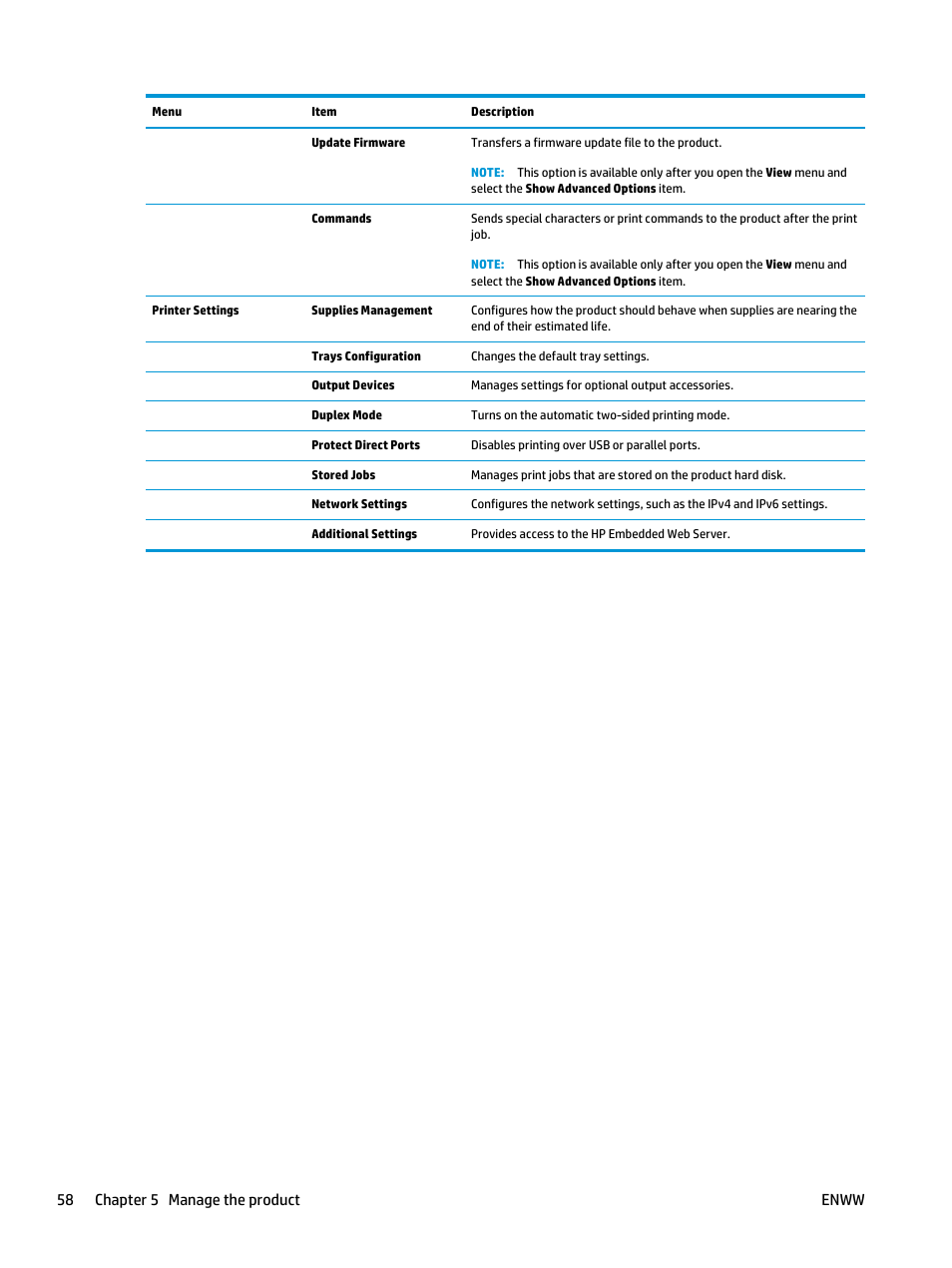 58 chapter 5 manage the product enww | HP LaserJet Enterprise M806 Printer series User Manual | Page 66 / 146