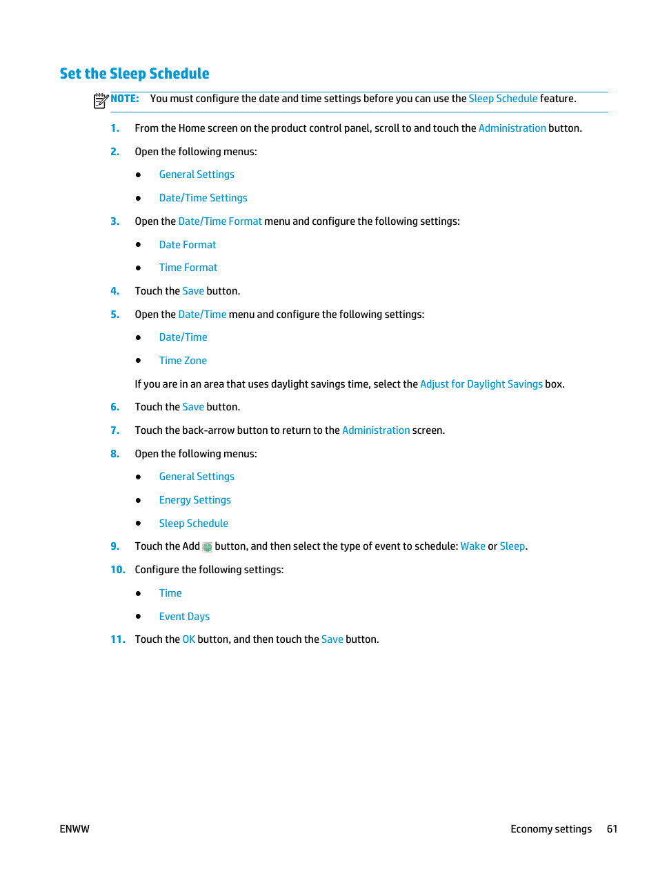 Set the sleep schedule | HP LaserJet Enterprise M806 Printer series User Manual | Page 69 / 146