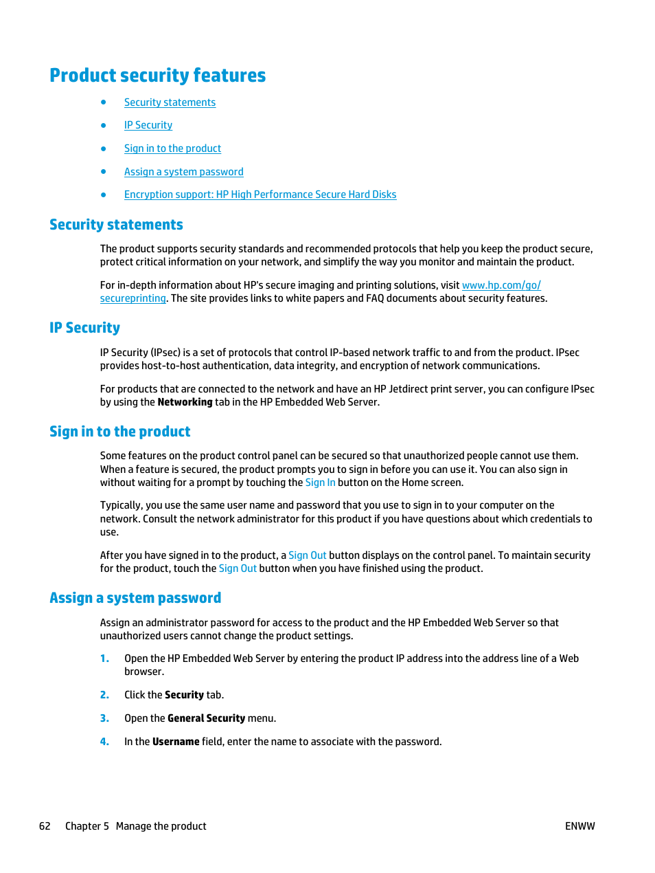 Product security features, Security statements, Ip security | Sign in to the product, Assign a system password | HP LaserJet Enterprise M806 Printer series User Manual | Page 70 / 146