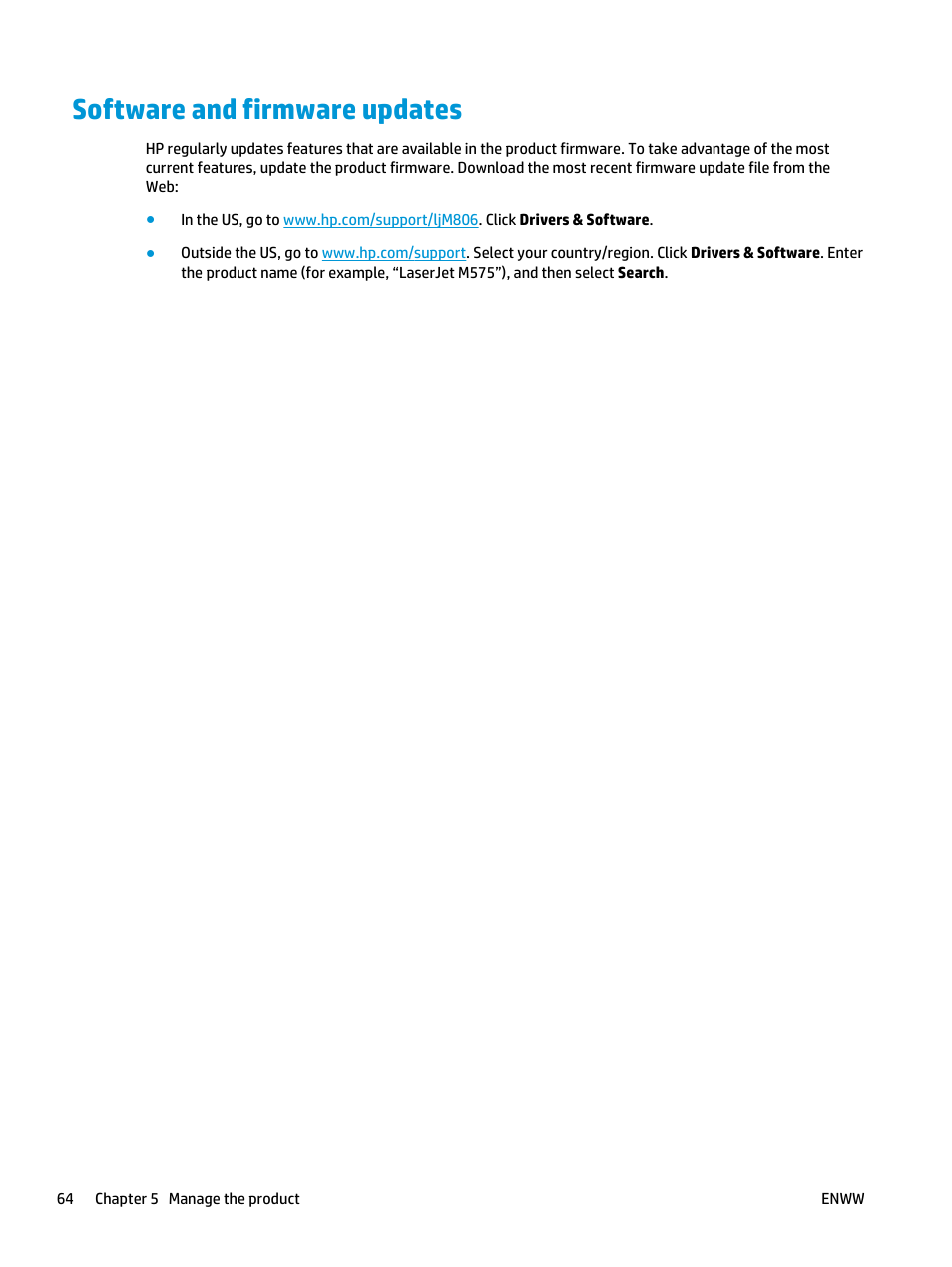 Software and firmware updates | HP LaserJet Enterprise M806 Printer series User Manual | Page 72 / 146