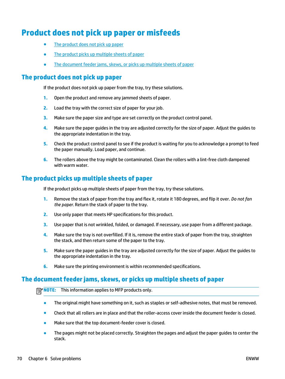 Product does not pick up paper or misfeeds, The product does not pick up paper, The product picks up multiple sheets of paper | HP LaserJet Enterprise M806 Printer series User Manual | Page 78 / 146