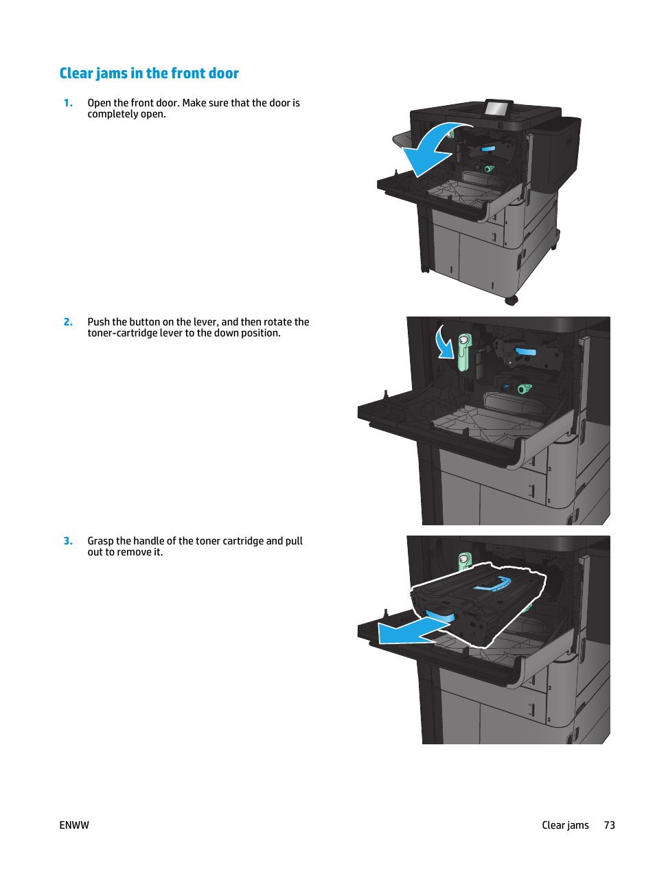 Clear jams in the front door | HP LaserJet Enterprise M806 Printer series User Manual | Page 81 / 146