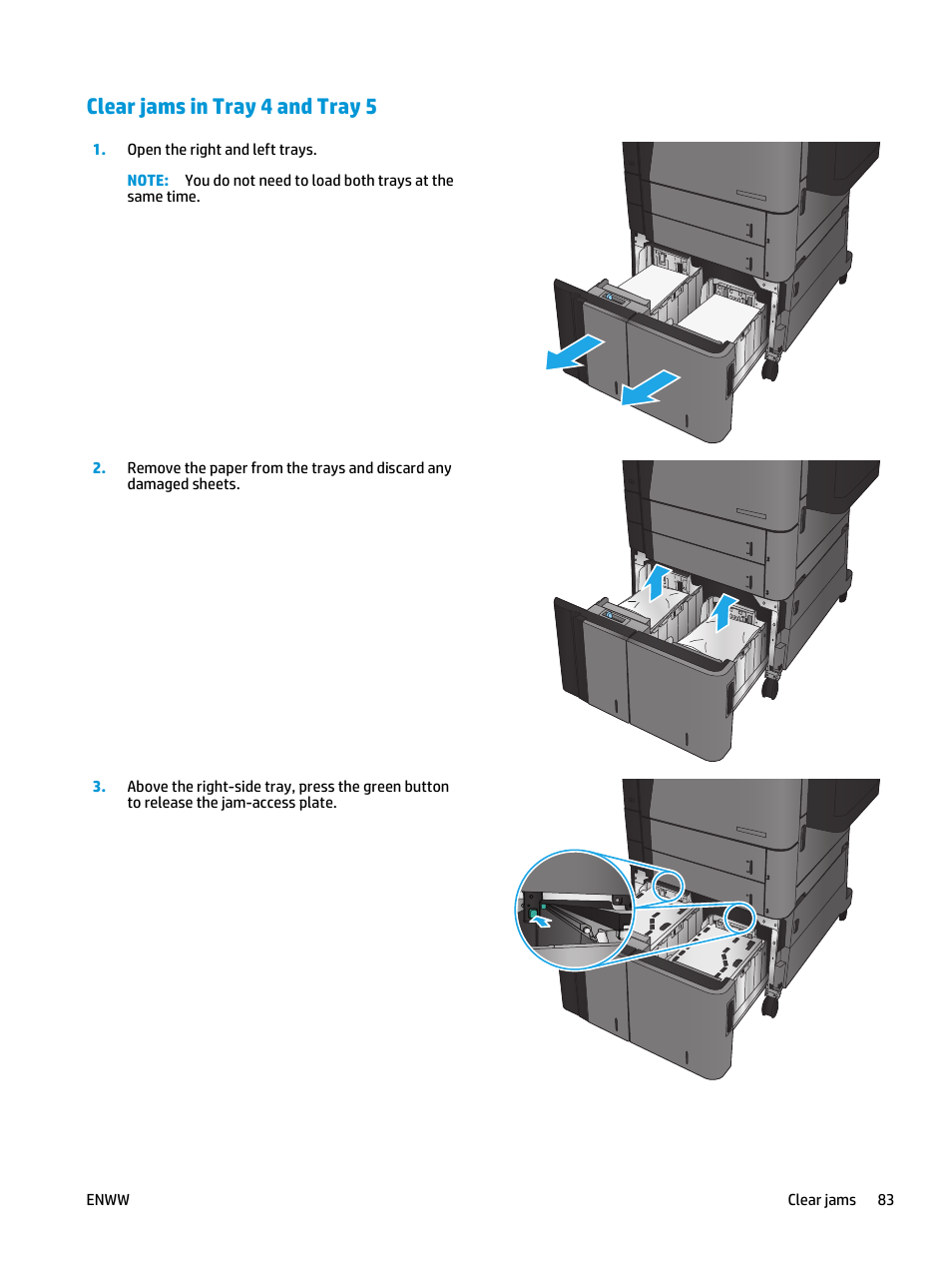 Clear jams in tray 4 and tray 5 | HP LaserJet Enterprise M806 Printer series User Manual | Page 91 / 146