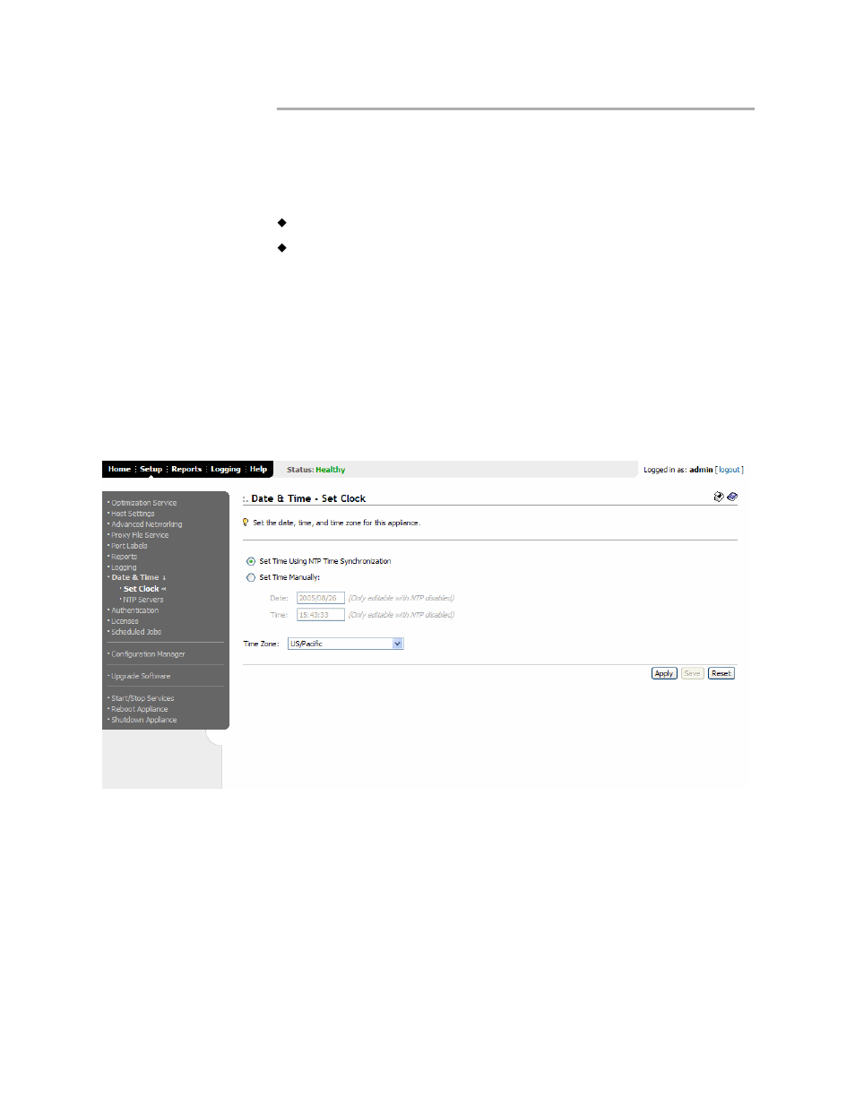 Setting the date and time | HP StorageWorks Enterprise File Services WAN Accelerator User Manual | Page 106 / 194