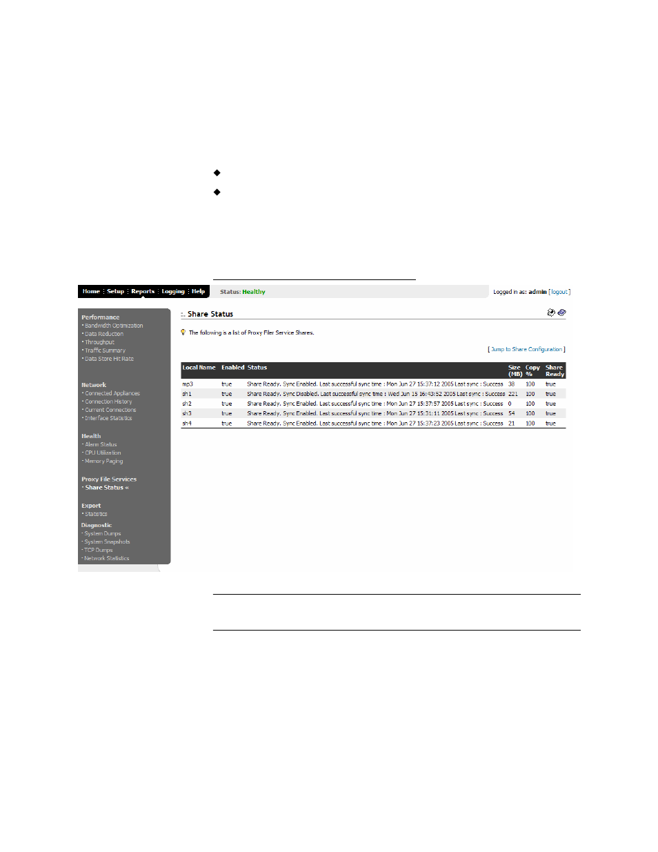 Viewing pfs share status reports, What this report tells you, Next | HP StorageWorks Enterprise File Services WAN Accelerator User Manual | Page 158 / 194