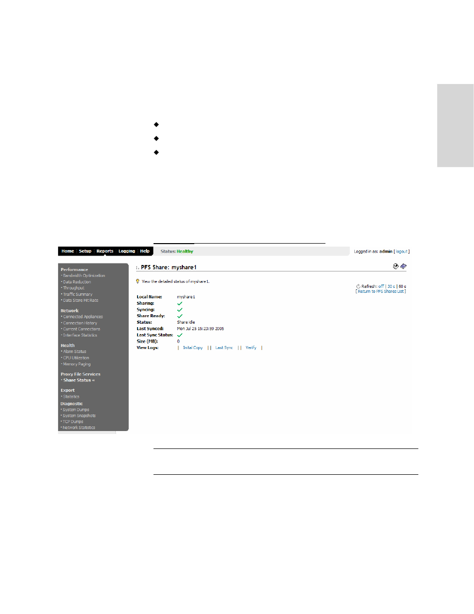 Viewing pfs share name-of- share reports, What this report tells you, Viewing pfs share: log contents file report | HP StorageWorks Enterprise File Services WAN Accelerator User Manual | Page 159 / 194