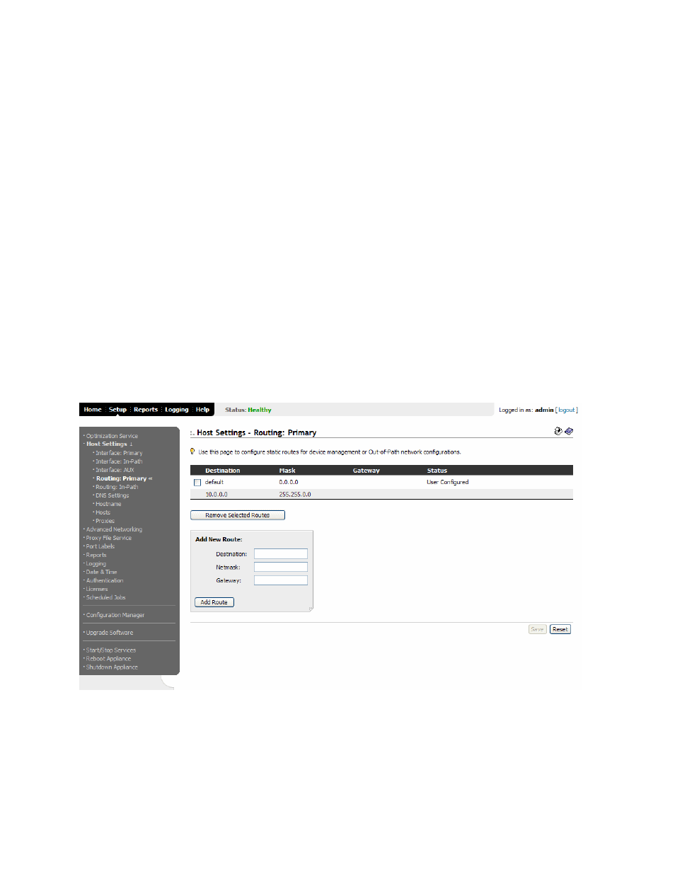 Setting static primary routes | HP StorageWorks Enterprise File Services WAN Accelerator User Manual | Page 54 / 194