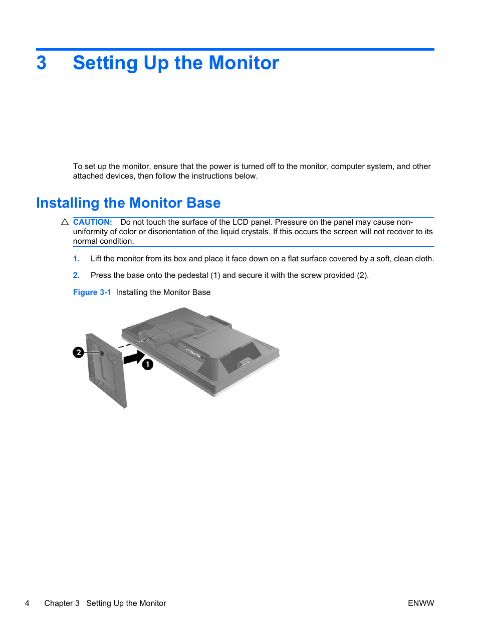 Setting up the monitor, Installing the monitor base, 3 setting up the monitor | 3setting up the monitor | HP L2445m 24-inch Diagonal LCD Monitor User Manual | Page 10 / 39