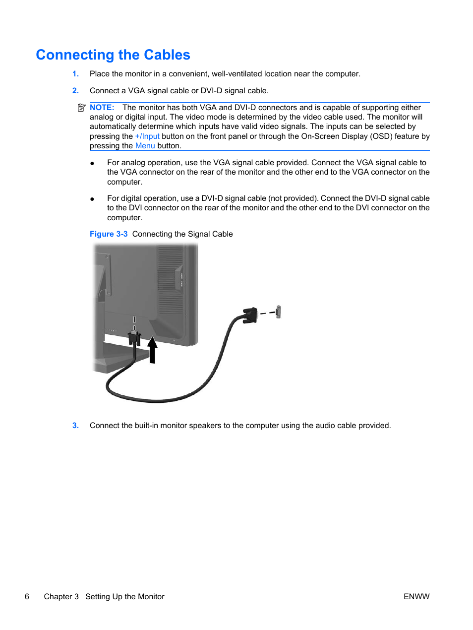 Connecting the cables | HP L2445m 24-inch Diagonal LCD Monitor User Manual | Page 12 / 39