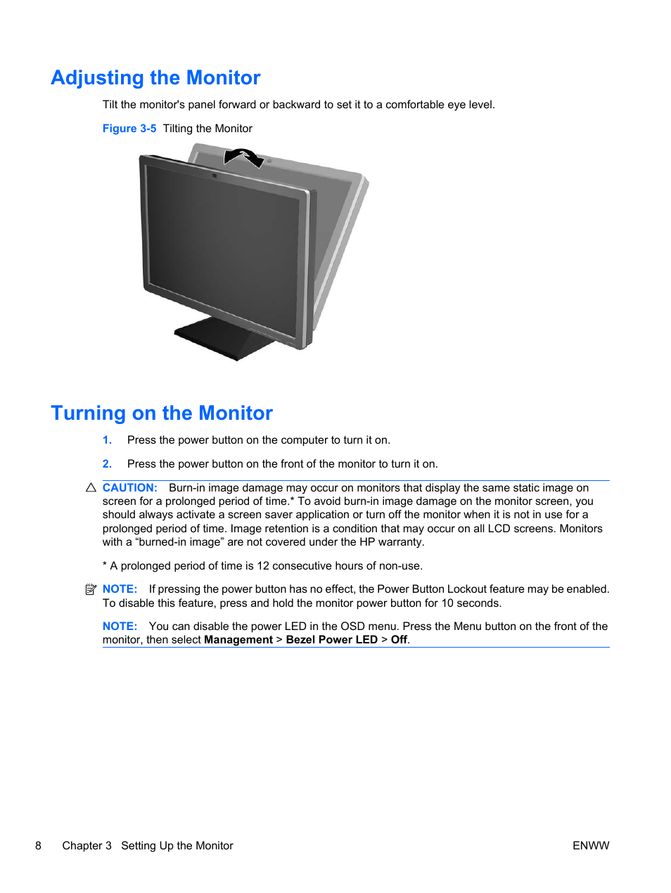 Adjusting the monitor, Turning on the monitor, Adjusting the monitor turning on the monitor | HP L2445m 24-inch Diagonal LCD Monitor User Manual | Page 14 / 39