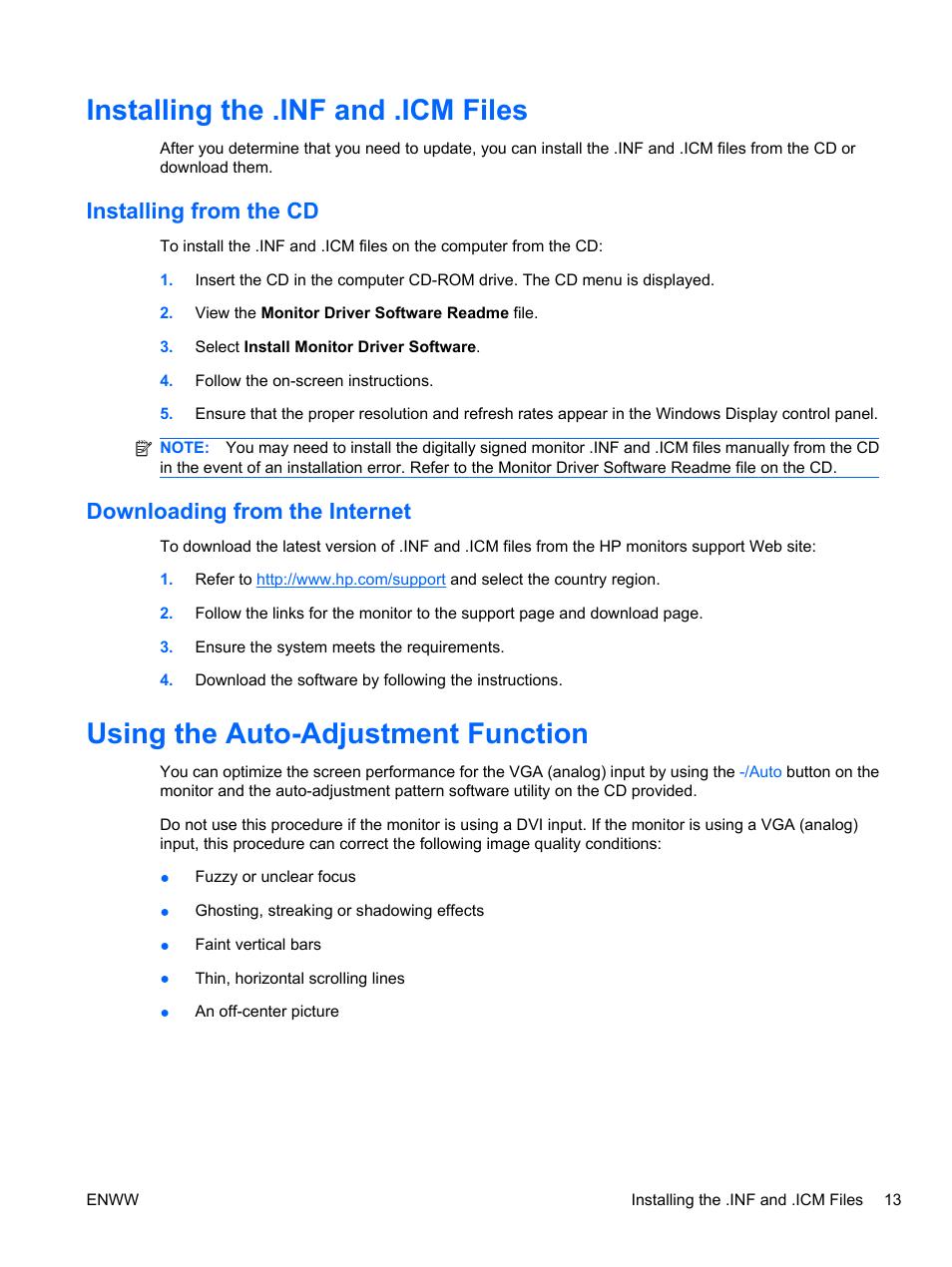 Installing the .inf and .icm files, Installing from the cd, Downloading from the internet | Using the auto-adjustment function | HP L2445m 24-inch Diagonal LCD Monitor User Manual | Page 19 / 39
